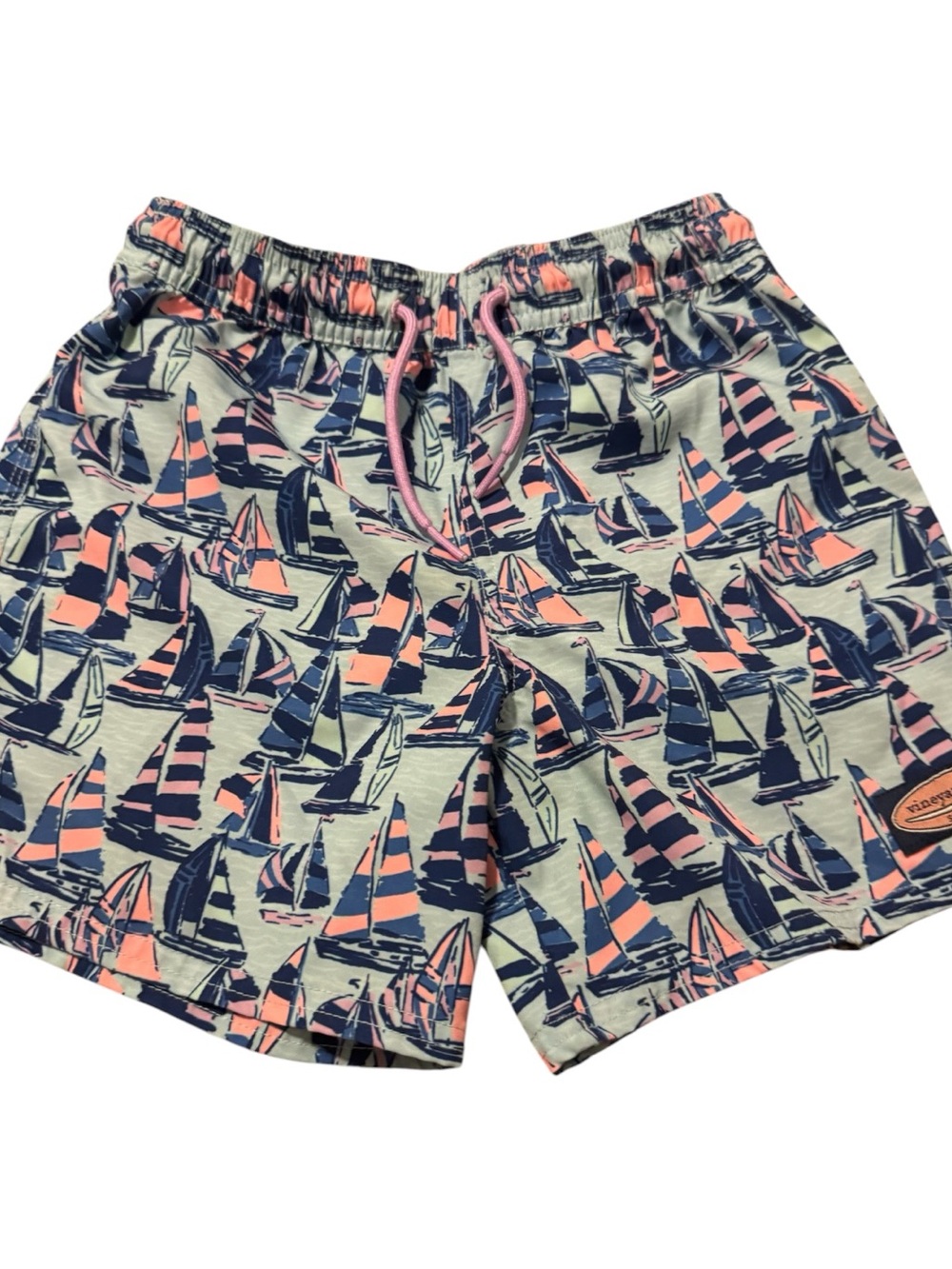 Vineyard Vines Sailboat Print Swim Trunks in Navy & Coral